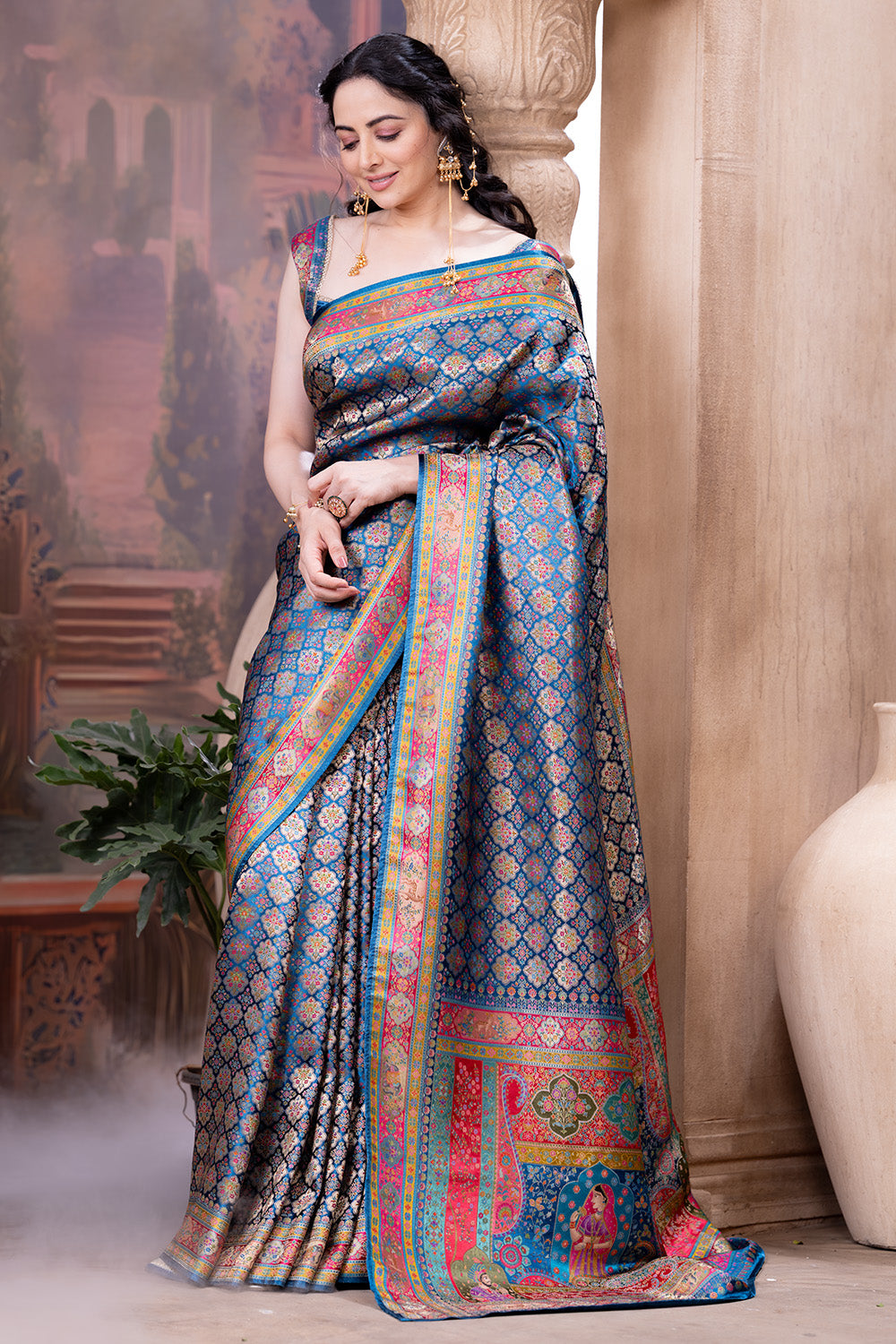 Blue Maheshwari Silk Soft Brocade Woven Saree