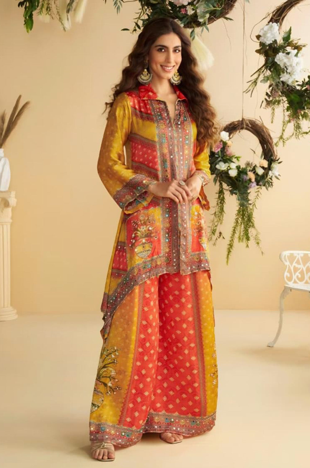 Orange & Yellow Printed Crepe Kurta Set With Palazzo