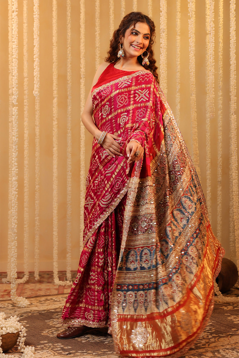 Magenta Pink Pure Gharchola Gajji Silk Printed And Embroidered Saree