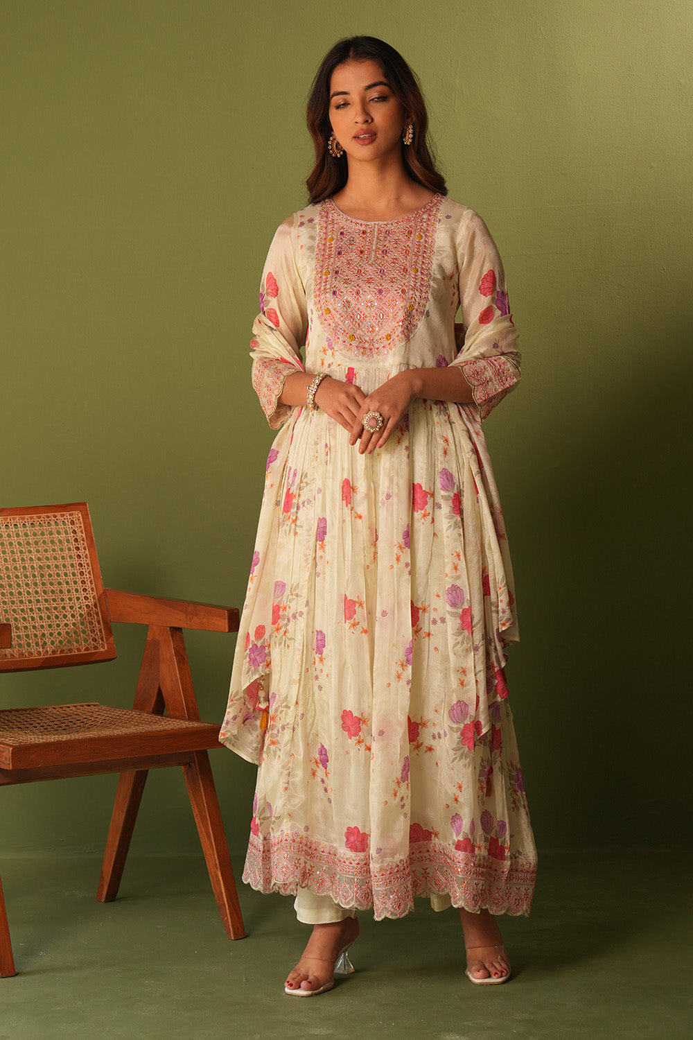 Cream Color Crepe Silk Neck Embroidered And Floral Printed Anarkali Suit