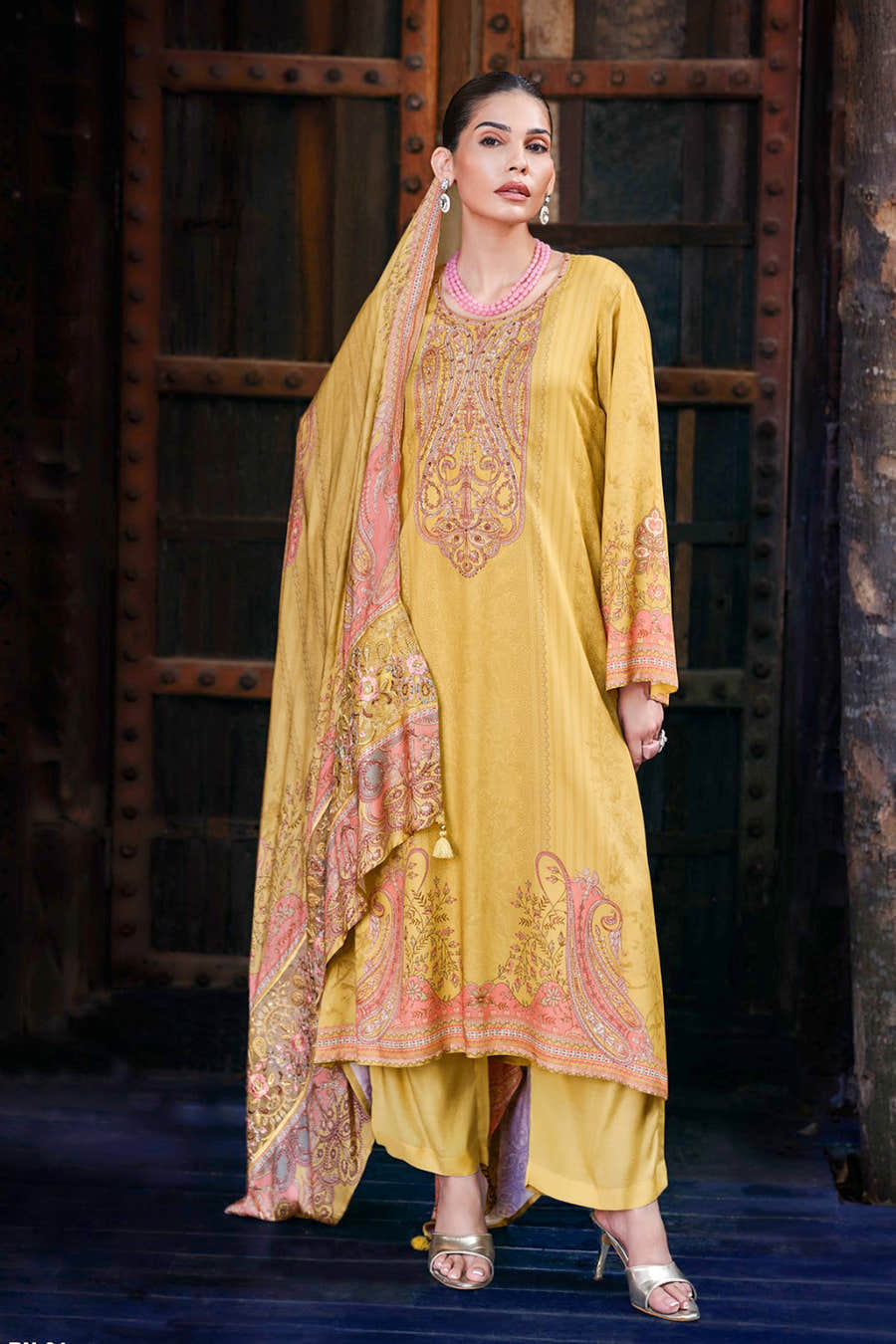 Light Mustard Spun Pashmina Printed Unstitched Suit Fabric