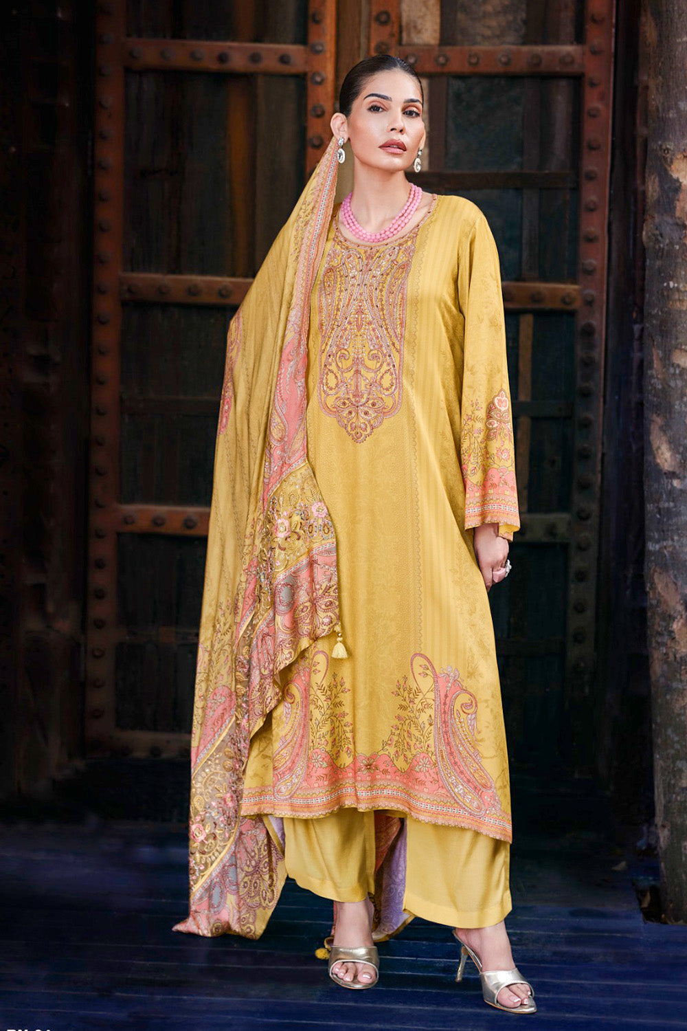 Light Mustard Spun Pashmina Printed Unstitched Suit Fabric
