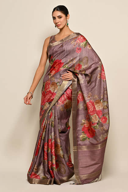 Light Mauve Colour Printed Tussar Silk Saree.