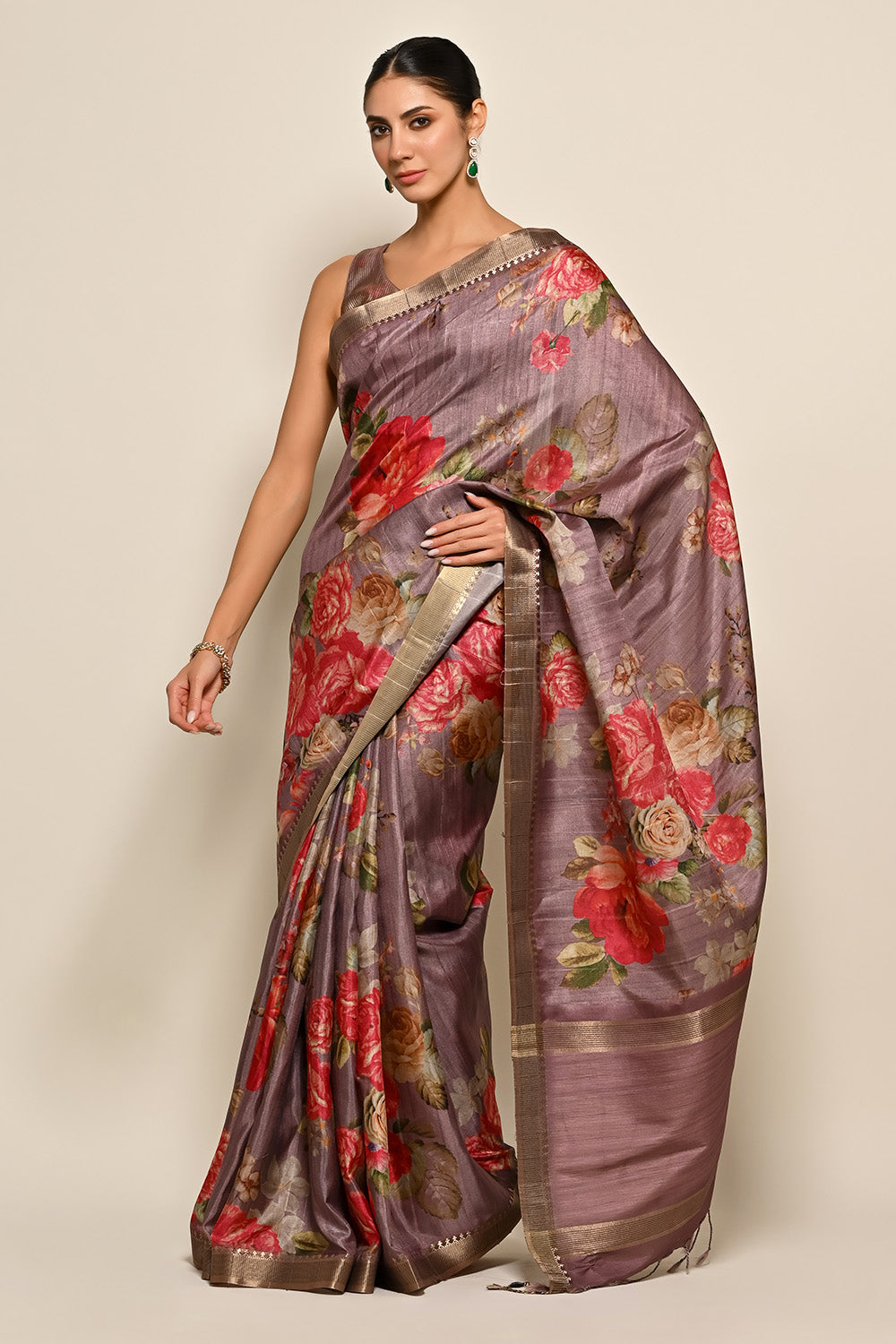 Light Mauve Colour Printed Tussar Silk Saree.