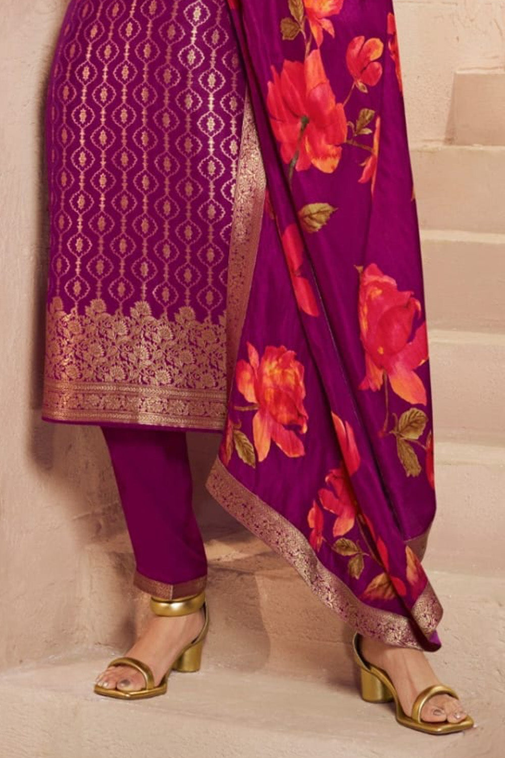 Mulberry Color Zari Woven & Embroidered Silk Suit