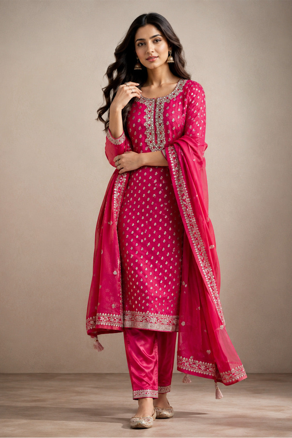 Rani Silk Zari Woven And Neck-Embroidered Unstitched Suit Material