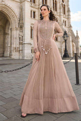 Beige Crush Tissue Mirror Work Anarkali Gown