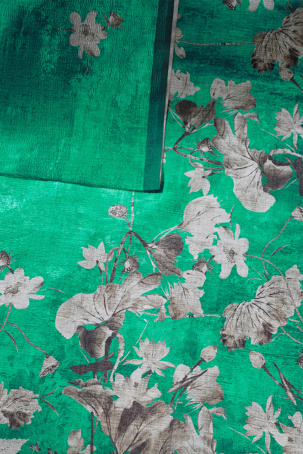 Teal Green Tussar Silk Floral Printed Saree