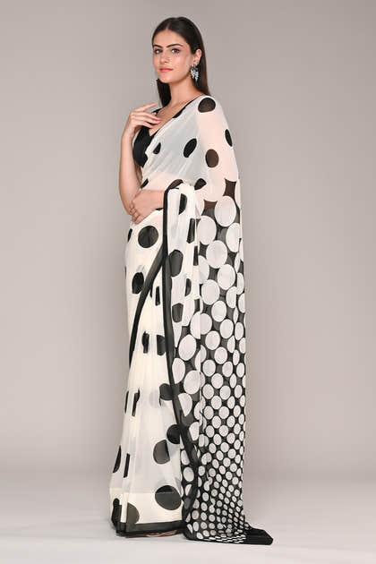 Cream And Black Color Polka-Dot Crepe Printed Saree
