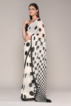 Cream And Black Color Polka-Dot Crepe Printed Saree