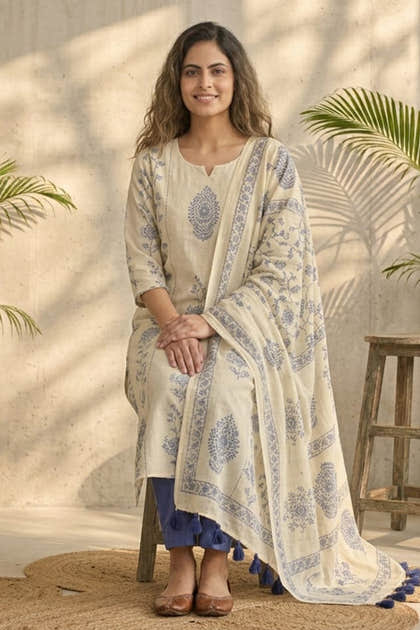 Cream Cotton Hand-Block Printed Suit