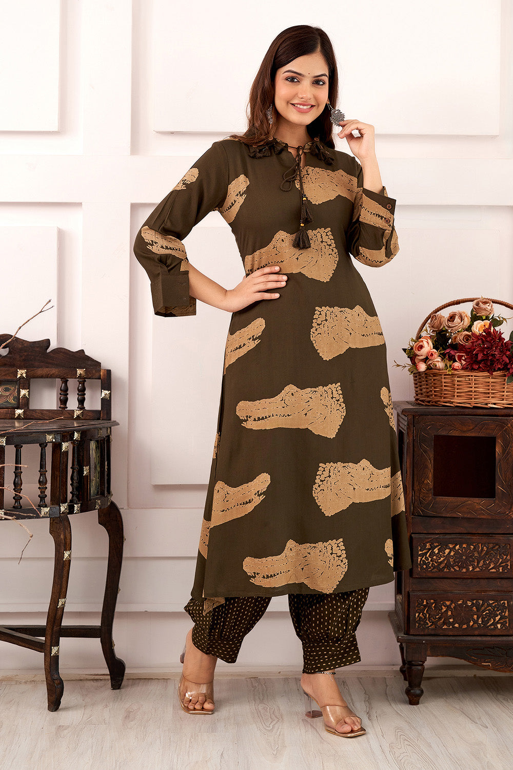 Sage Green Color Rayon Printed Kurta With Afgani Salwar Set