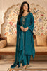 Teal Neck-Embroidered Silk Straight Suit