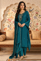 Teal Neck-Embroidered Silk Straight Suit