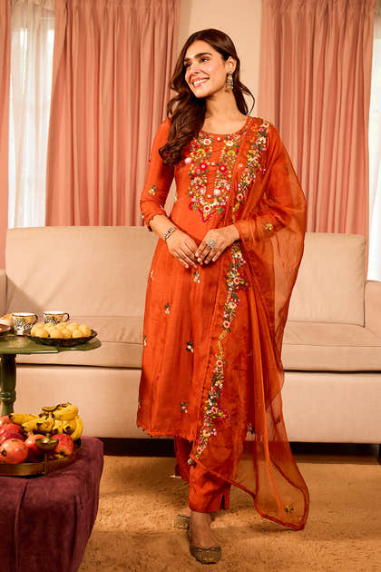 Rust Floral Hand-Embroidered Silk Straight Suit
