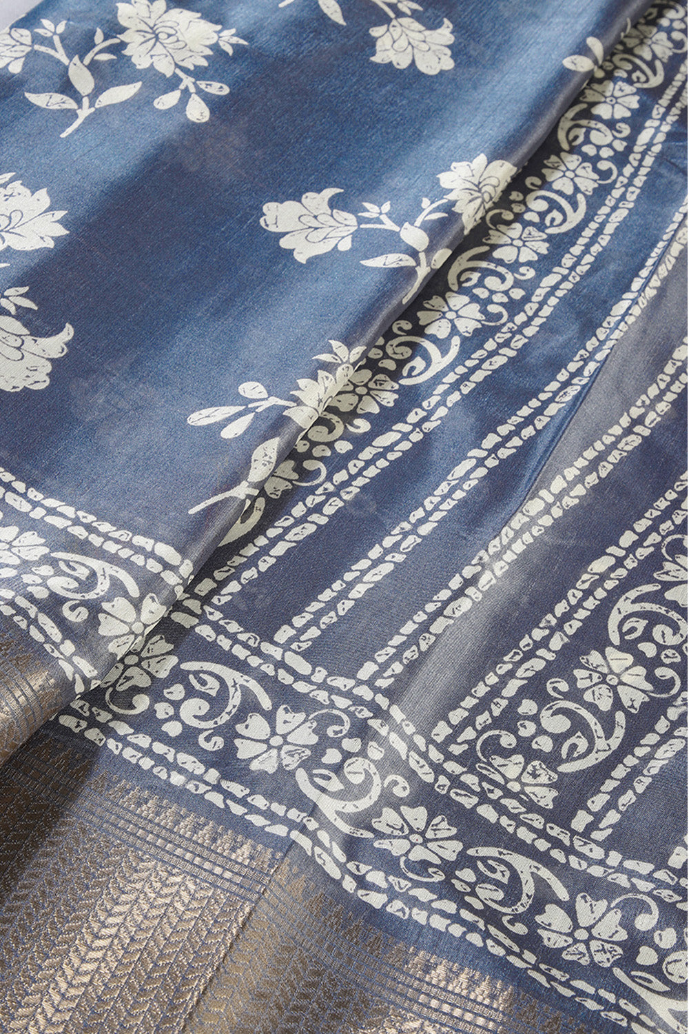 Light Blue Color Cotton Silk Block Printed Saree