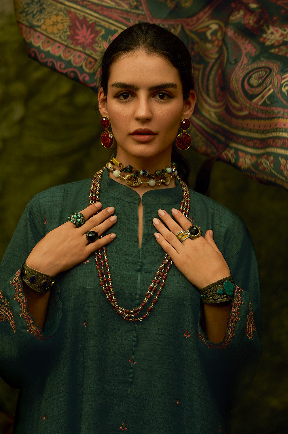Bottle Green Tussar Silk Resham Floral Embroidered Unstitched Suit Material
