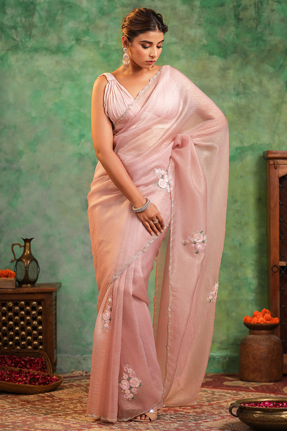Dusty Pink Colour  Crush Tissue Saree