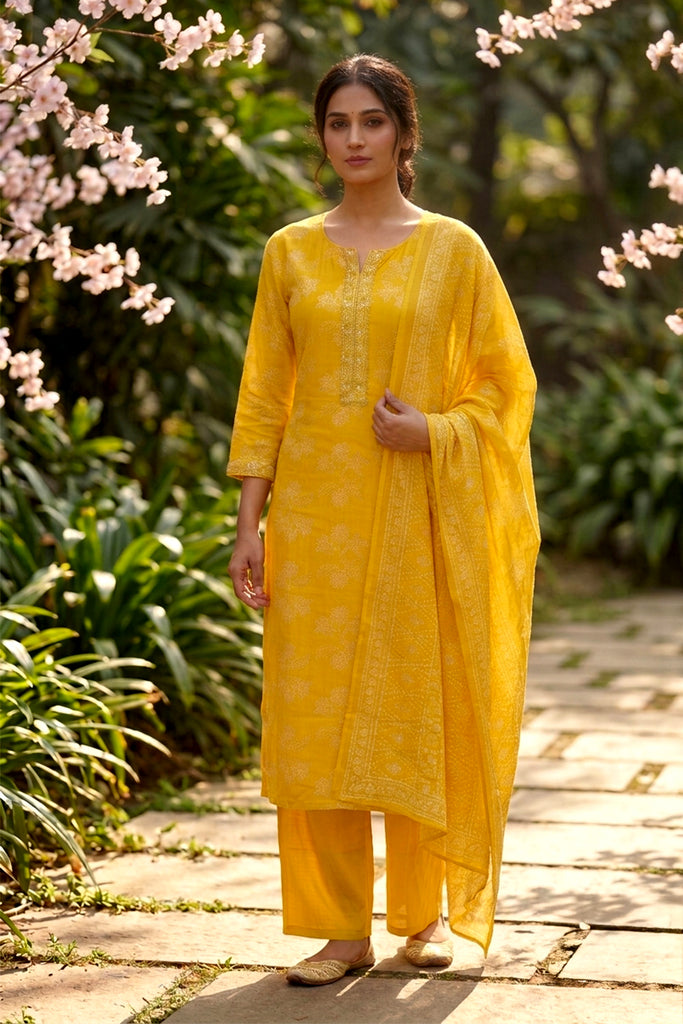 Mustard Muslin Printed Straight Suit