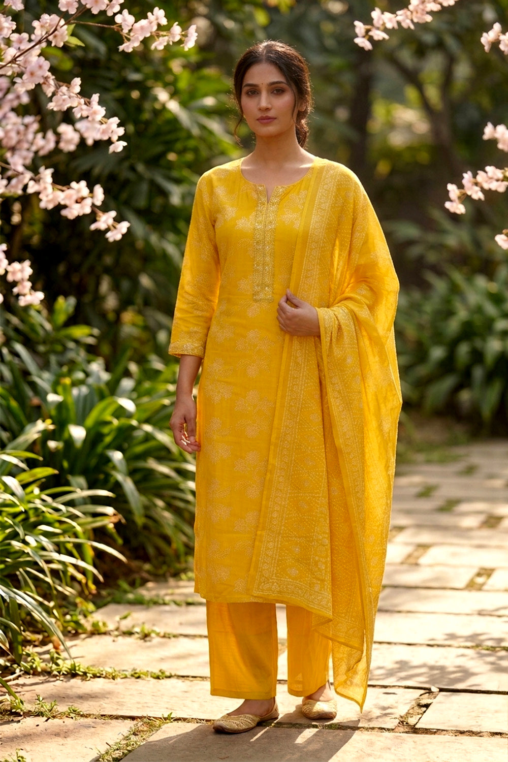 Mustard Muslin Printed Straight Suit