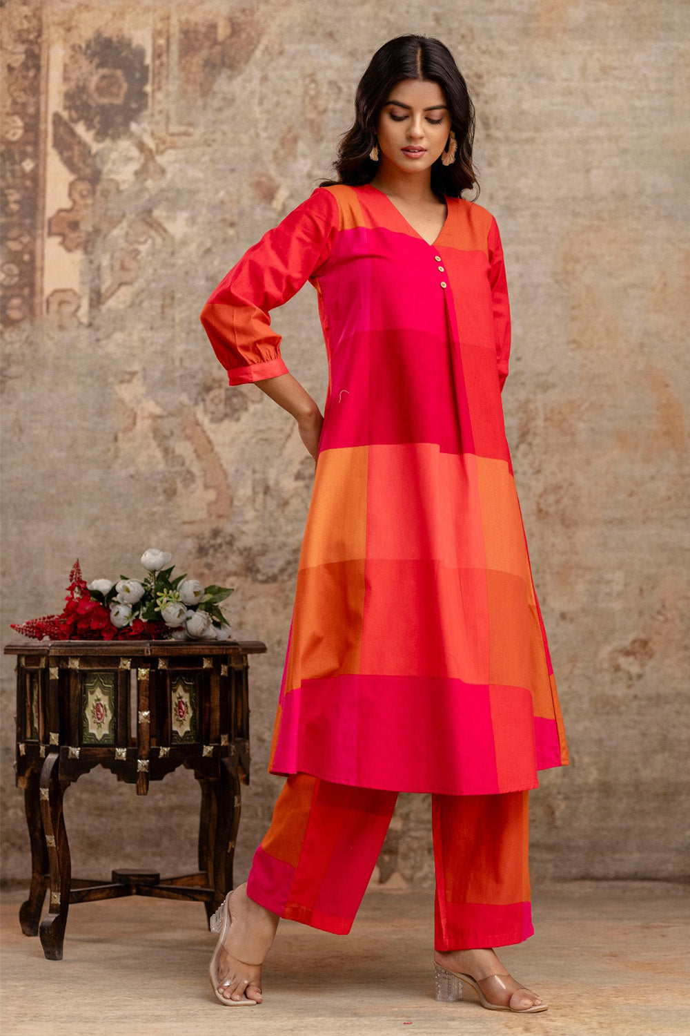 Magenta Cotton Printed Kurta Set