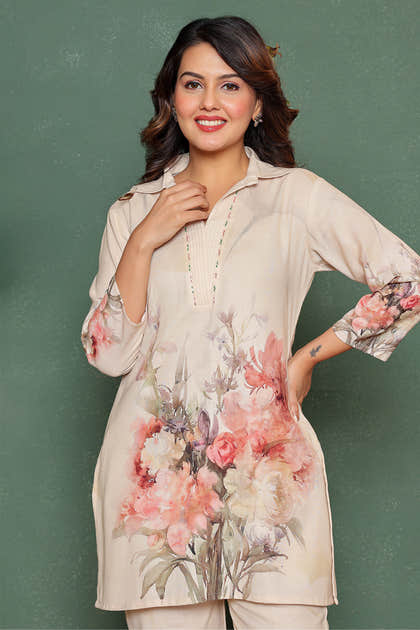Cream Color  Khadi Cotton Printed Co-Ord Set
