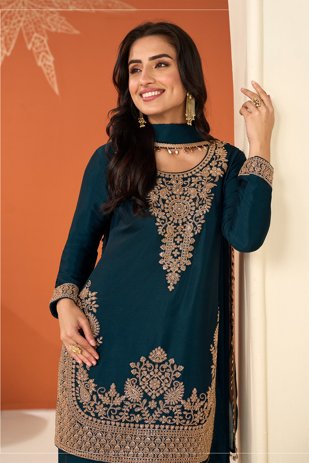 Teal Crepe Silk Cut-Dana Embroidered Suit With Embroidered Palazzo