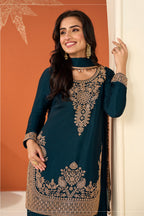 Teal Crepe Silk Cut-Dana Embroidered Suit With Embroidered Palazzo