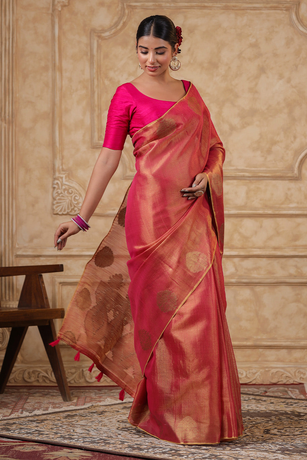 Fuchsia Pink Color Organza Cotton Golden Zari Woven Saree