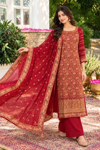 Maroon Floral Embroidered Georgette Unstitched Suit Material