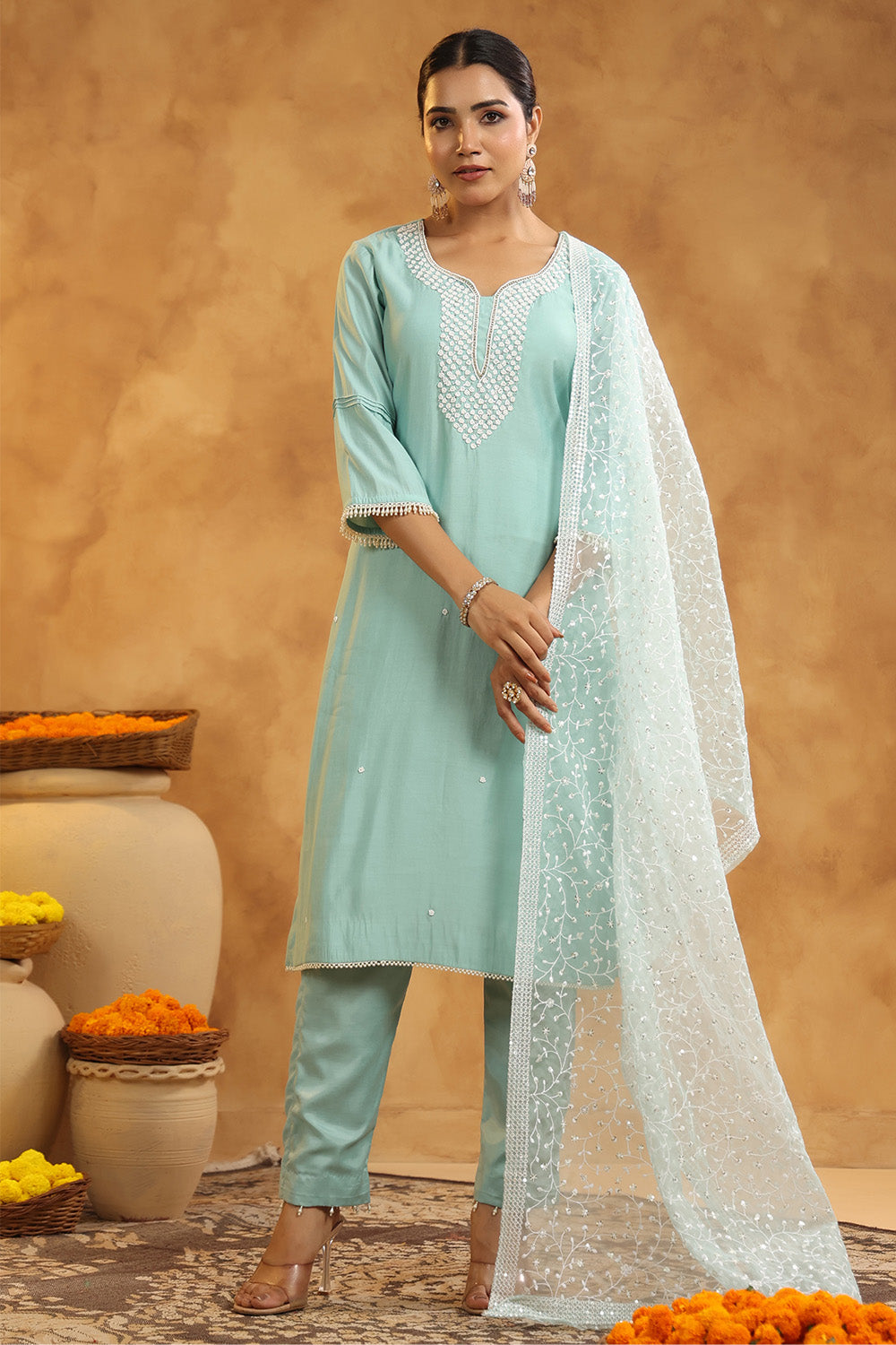 Powder Blue Color Cotton Neck Embroidered Unstitched Suit Fabric