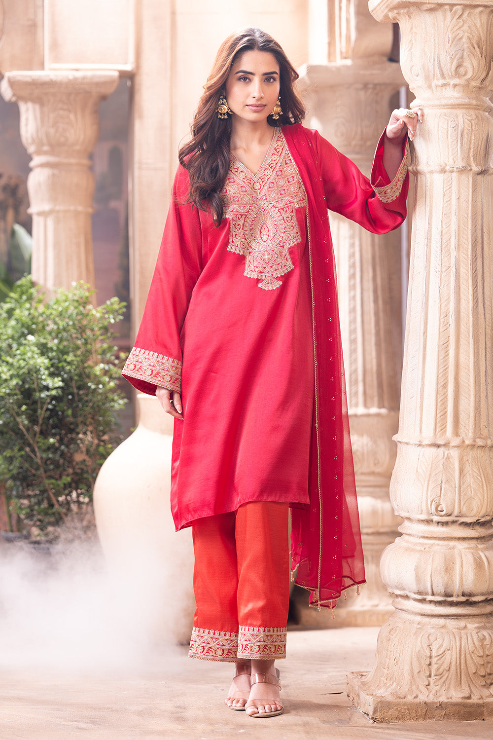 Cherry Red Zari & Sequins Embroidered Silk Suit
