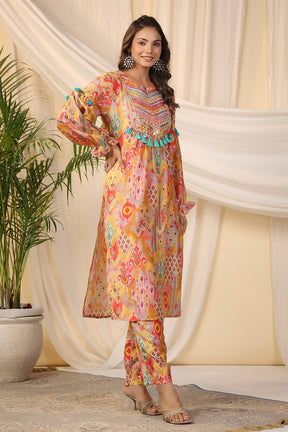 Mustard Color Printed Muslin Kurti & Pant Set