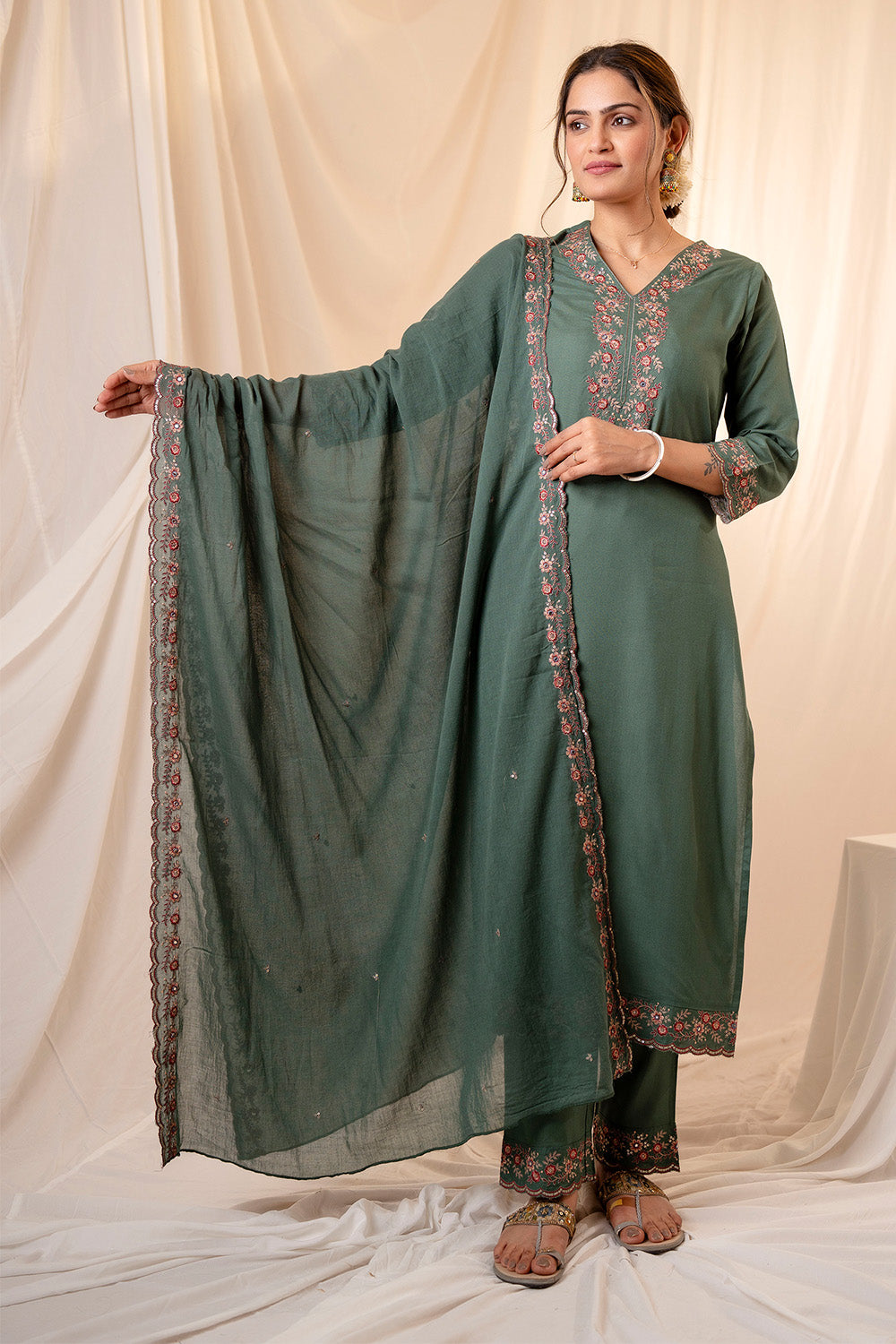 Green Color Cotton Neck Embroidered Suit Set