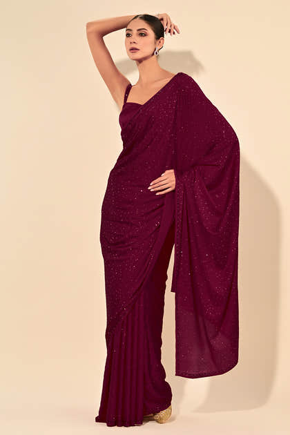 Dark Scarlet Color Satin Swarovski Work Saree