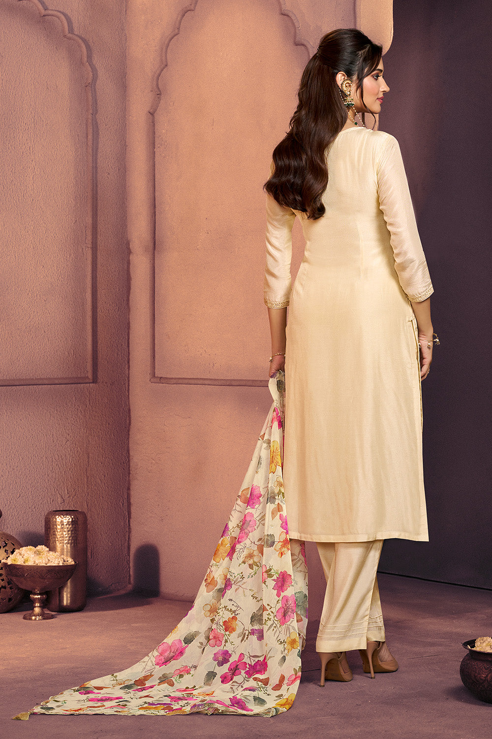 Cream Embroidered Suit Set