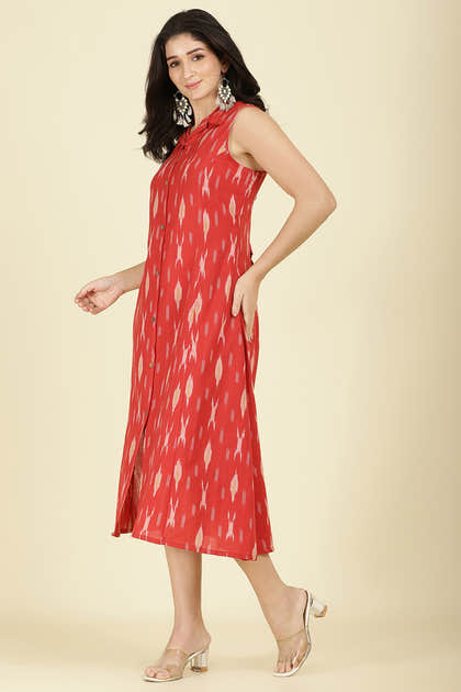 Red Cotton Ikat Printed Peonies Dress
