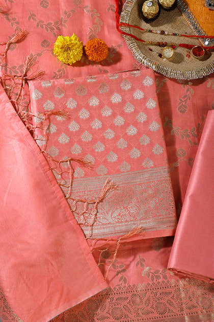 Peach Silk Zari Woven Unstitched Suit Fabric