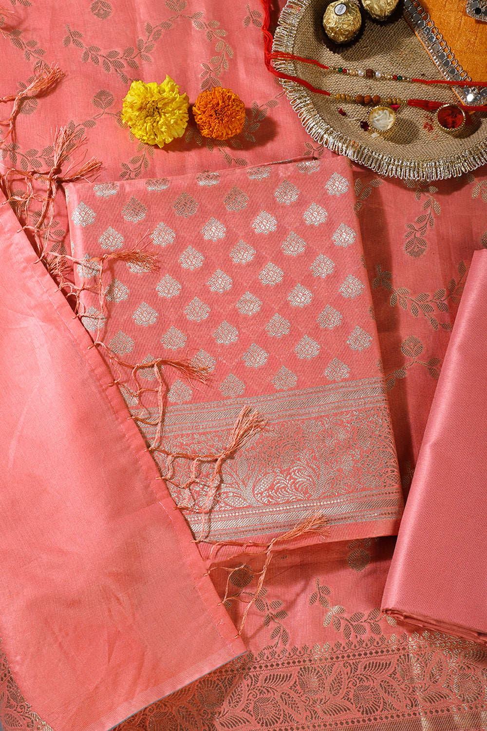 Peach Silk Zari Woven Unstitched Suit Fabric