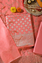 Peach Silk Zari Woven Unstitched Suit Fabric