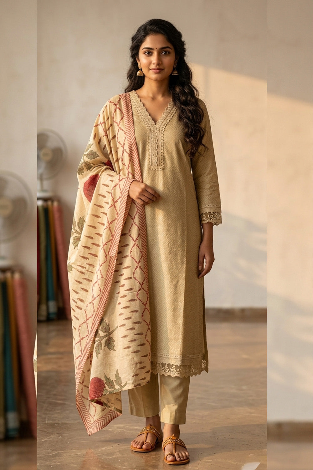 Beige Cotton Embroidered And Lace Work Suit Set