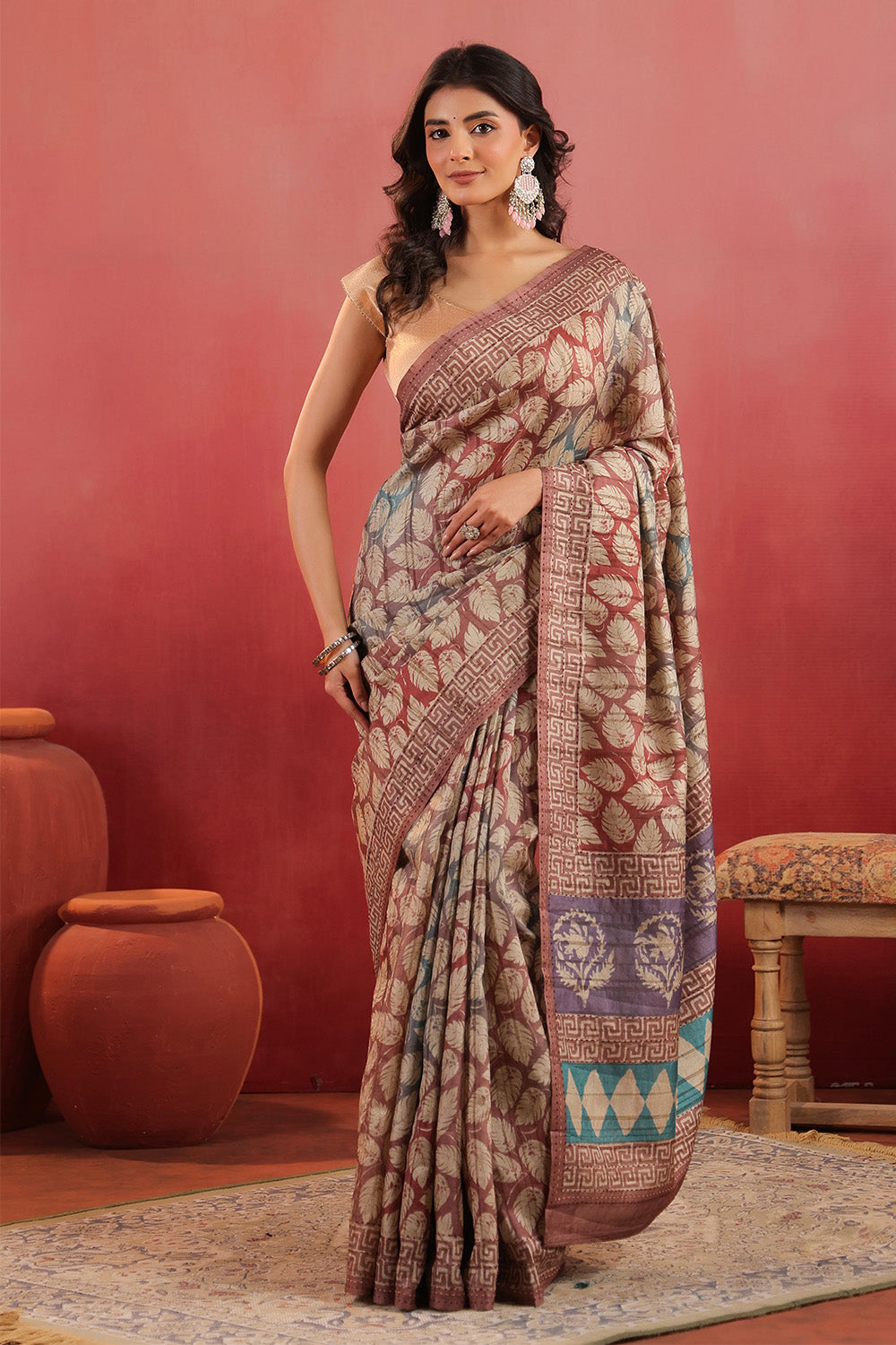 Rust Tussar Silk Printed Saree