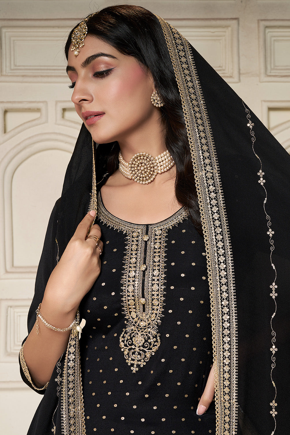 Black Crepe Silk Zari Embroidered Suit With Embroidered Palazzo