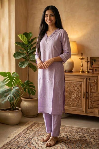 Lavendar Cotton Mirror Neck-Embroidered Kurta Set