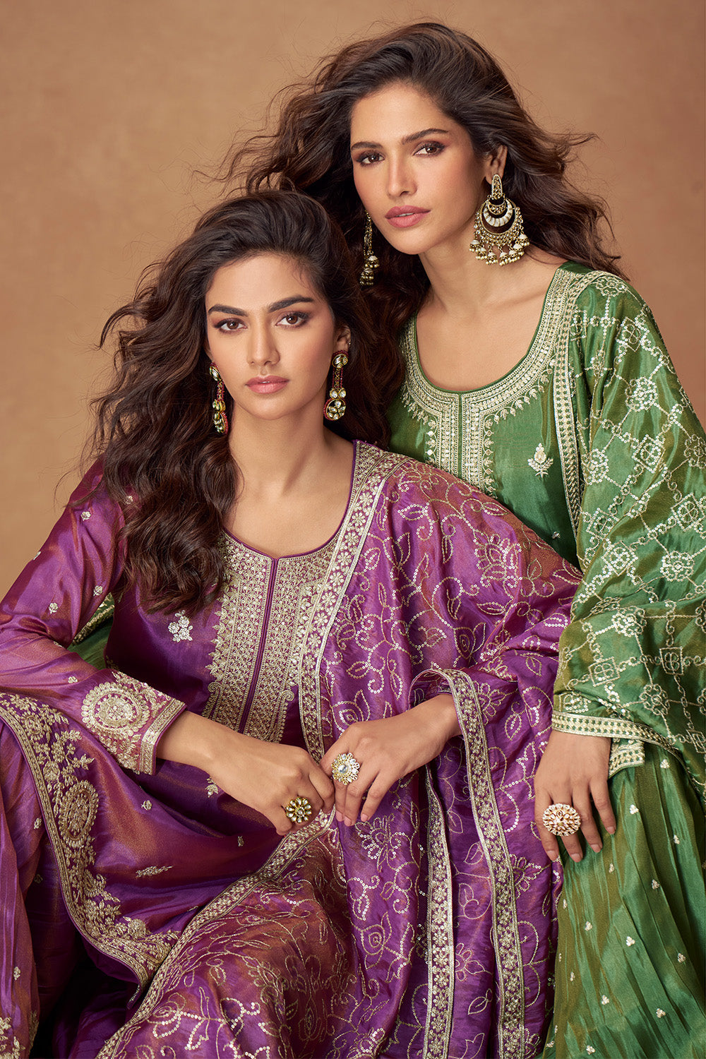 Purple Silk Zari And Sequins Embroidered Suit With Embroidered Palazzo