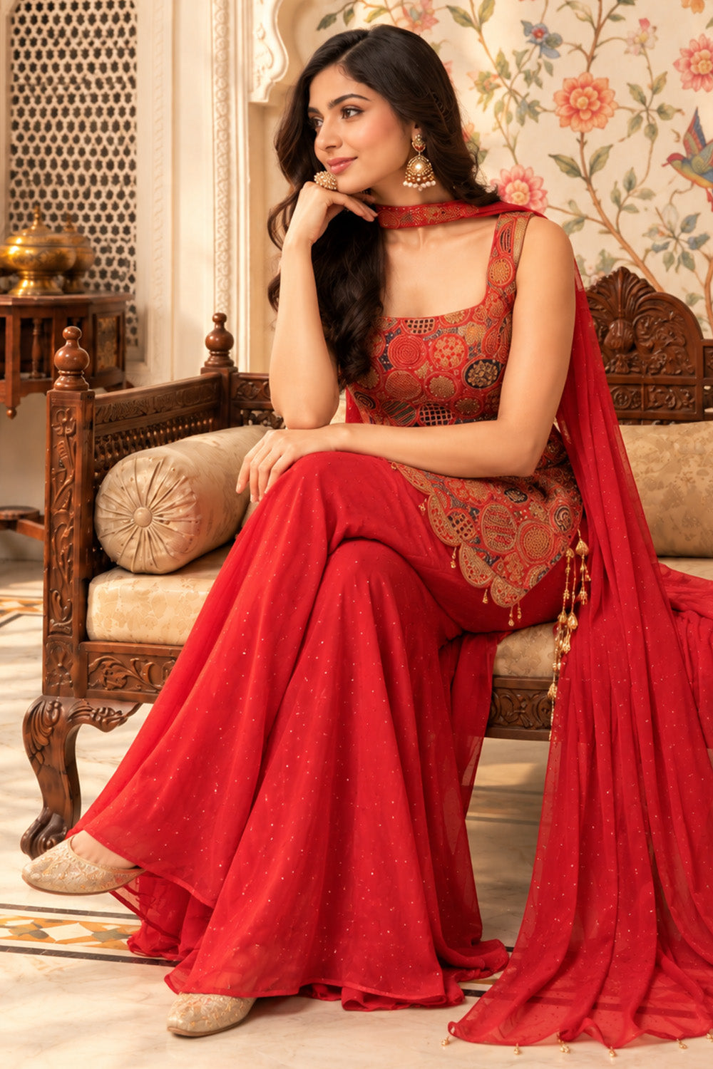 Rust Silk Embroidered Choli With Mukaish Work Georgette Sharara Set