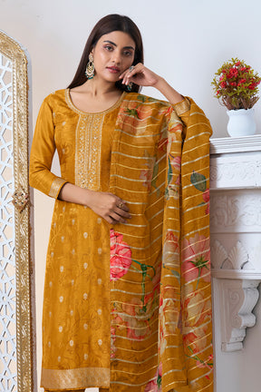 Mustard Silk Zari Woven Suit Set