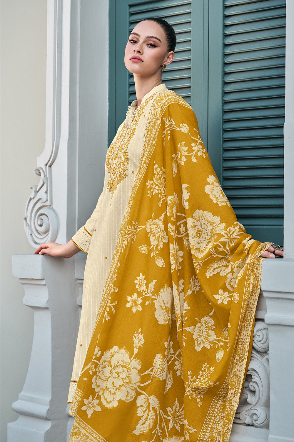 Mustard & Cream Color Embroidered Unstitched Suit Material