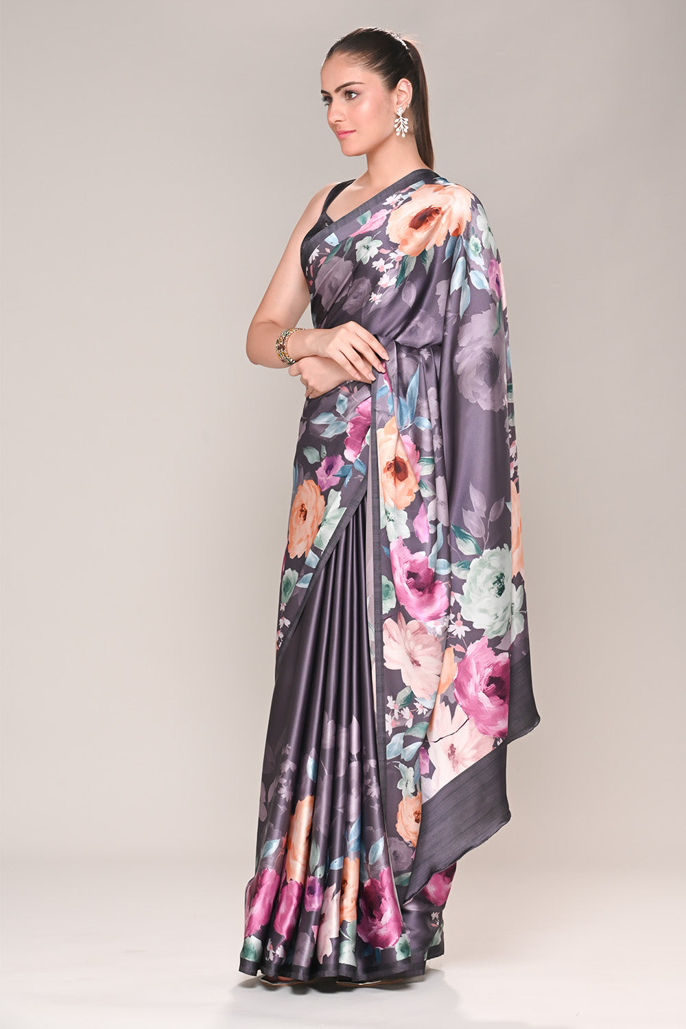 Lavender Color Satin Silk Lasa Printed Saree