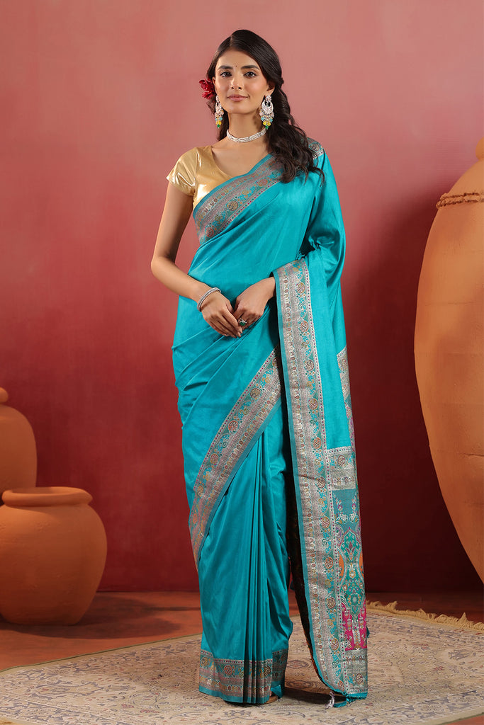 Teal Soft Silk Kalamkari Woven Saree